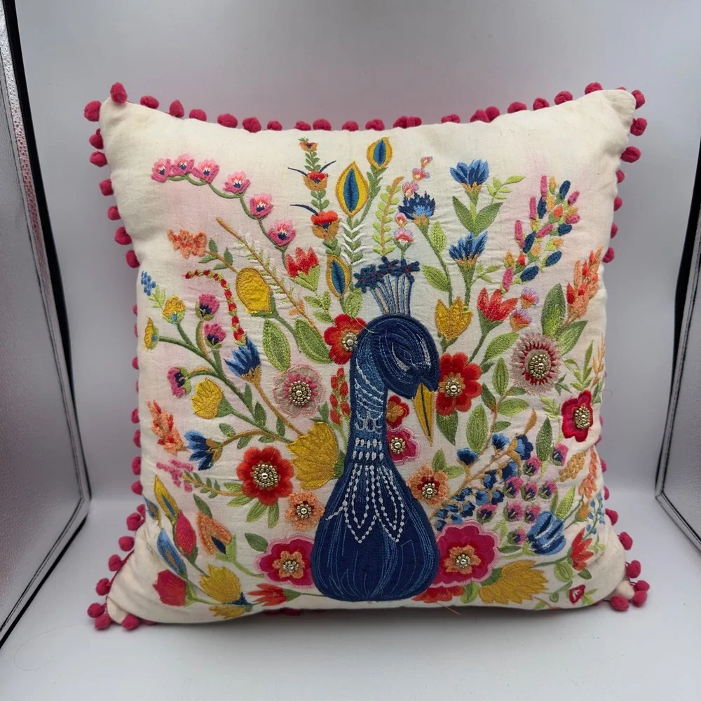 Set of 2 Embroidered Peacock Floral Throw Pillows Pink Pom Pom Trim 16x16 Boho
